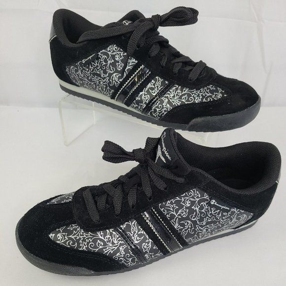 Champion Shoes - Champion Wmns Sz 8 Training Shoes Floral Paisley Leaf Vine Black Suede Silver